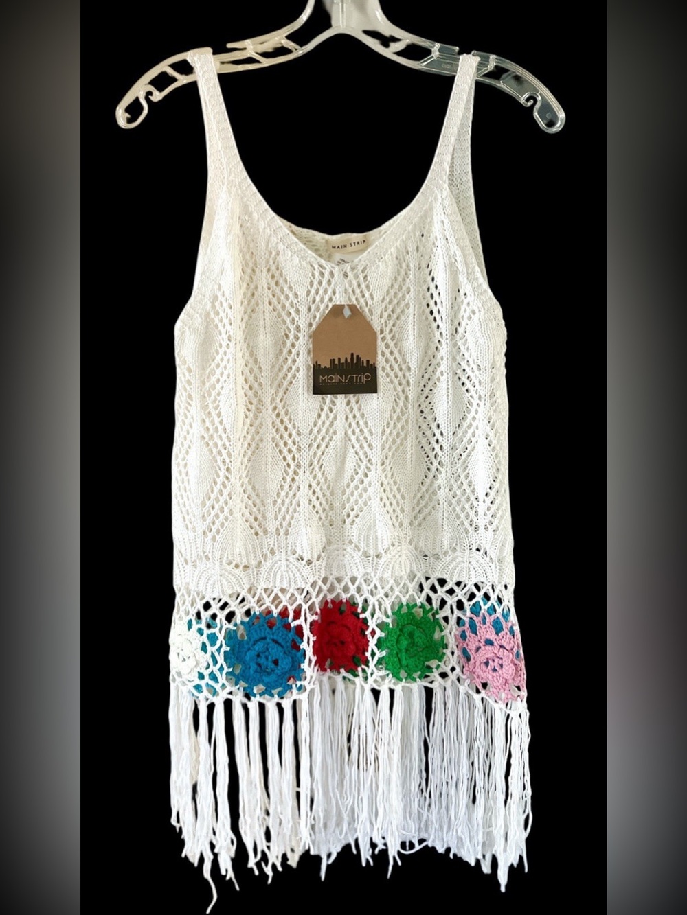 Main Strip Women’s Crochet Fringe Top Multicolor Floral Accents S/M Festival